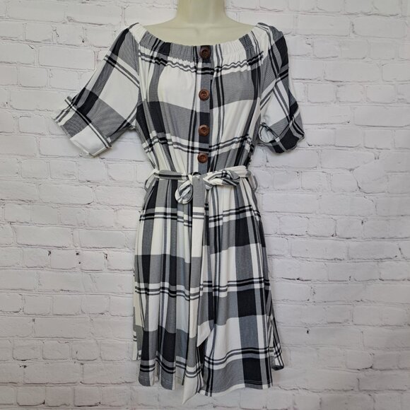 J For Justify Ultrasoft Off Shoulder Plaid Belted Dress 1X - Picture 1 of 9